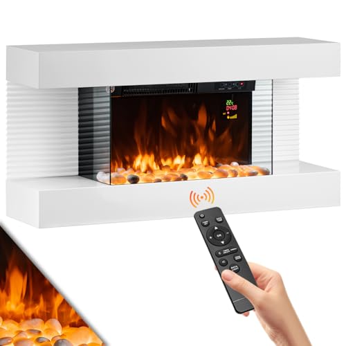 BAKAJI Camino Elettrico a Muro con Cornice Legno Caminetto 2000W Completo di Mobile, Silenzioso Design Moderno, Stufa a Parete, Termostato Digitale, Effetto Fuoco Realistico (Saint Moritz)