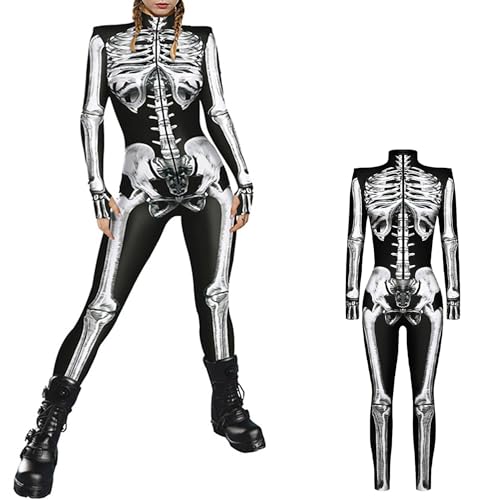 NEWUPZSI Combinaison d'Halloween Squelette pour Femme - Impression 3D - Manches Longues - Skinny - Tenue Moulante, Blanc