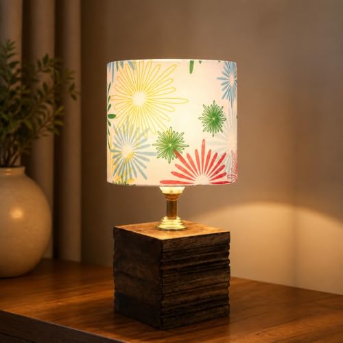 Image of tu casa Bedside Table Lamp Wooden Base Floral Shade Warm Light 12 inch