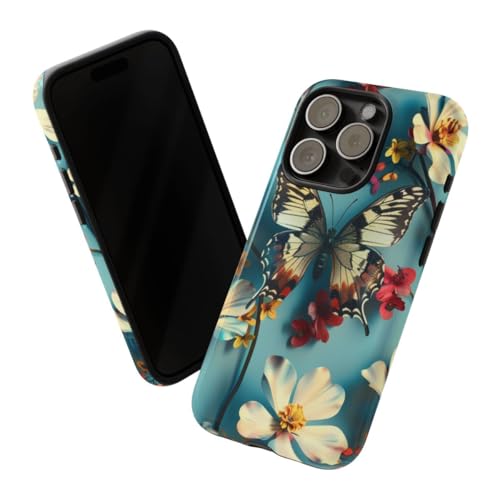 Coque iPhone 15 Pro bleu fleuri et papillons accessoire chic pour vos sorties en terrasse