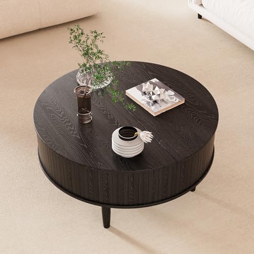 Image of Round Fluted Lift Top Coffee Table with Storage, Mid Century Modern Coffee Table for Living Room, Home Small Space,31.5 inch Fluted Center Table (Black, 31.5inch)