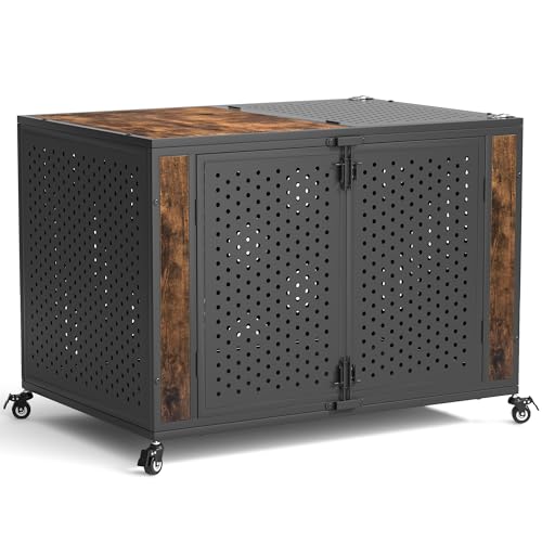 REXWELTEN 42 Heavy Duty Dog Crate Furniture for Large and Medium Dogs Enclosed Design with 0.5 inch Holes Indestructible Metal Kennel for High Anxiety Dogs Chew Proof Pet House Cage Indoor Brown