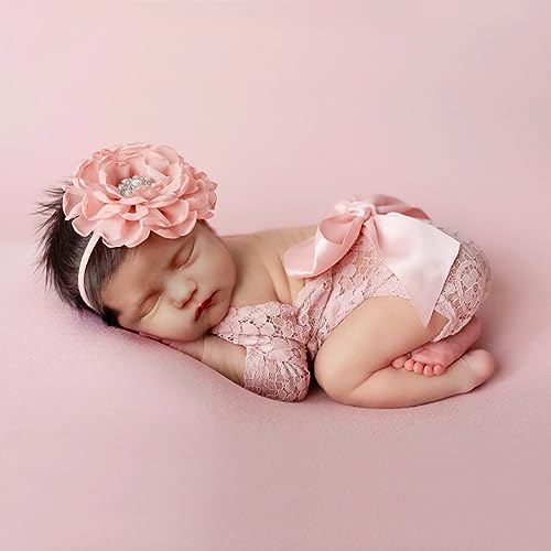 Image of Baby Photography Props Outfit Lace Rompers Newborn Girl Photo Shoot Outfits Flower Headband Princess Costume (Snow bud color)