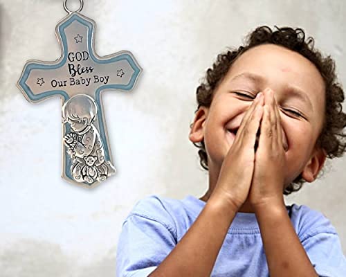Image of elskandi Crib Cross God Bless This Baby Boy Wall Art for Nursery - Baptism Gifts for Baby Boys Christening Gifts for Boys Baptism Baby Dedication Gift