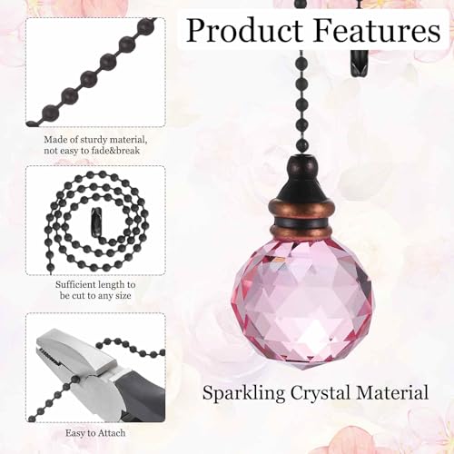 Image of MECCANIXITY 2Pack Ceiling Fan Pull Chain, 12 Inch Decorative Ornaments Crystal Pendant Pull Chain Extension for Ceiling Fans Light Lamp, Pink