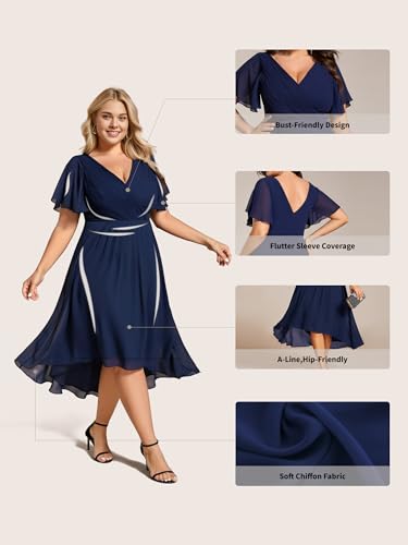 Image of Ever-Pretty Women's Spring Chiffon V-Neck Plus Size Formal Wedding Guest Dress Short Sleeves Cocktail Dresses for Curvy Women Navy Blue US10