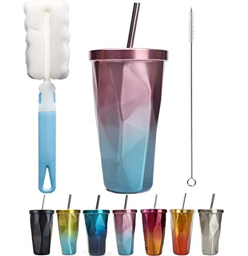 Taza de café con pajita de acero inoxidable aislada al vacío para oficina, 473 ml Rosa y azul.