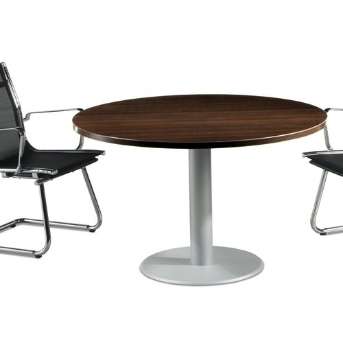 Euromof Mesa de Reuniones, Redonda, Nogal. 120Ø. con Base Cilíndrica de Metal Gris.