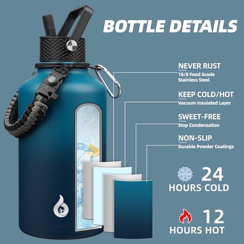 Image of BJPKPK Half Gallon Insulated Water Bottles with 3 Lids and Paracord Strap, 64oz Large, Stainless Steel Water Bottles with Straw Lid, Half Gallon Water Jug,Vast
