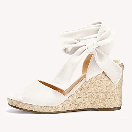 Guayonng Womens Espadrilles Wedge Sandals Platform Heels Bow Tie Lace Up Ankle Strap Summer Dress Wedges Shoes #TOP1