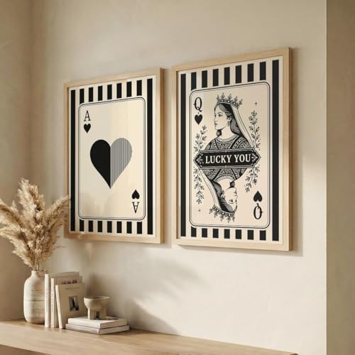 Image of NoWorries Ace & Queen of Hearts Playing Card Wall Art Set of 2, Black and White Casino Decor, Framed Poker Room Wall Decor, Minimalist Playing Card Prints, Modern Game Room Artwork for Living Room (Art-13, 25x37inch)