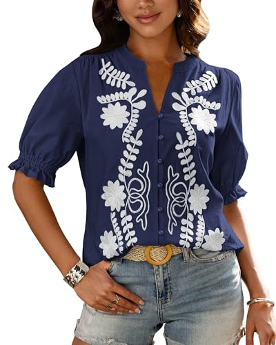 BTFBM Women's 2025 Summer Tops Casual Floral Boho V Neck Puff Short Sleeve Button Down Shirts Embroidered Blouses Tunic