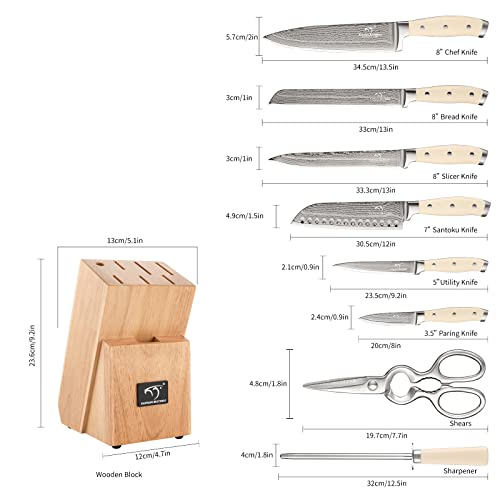 Image of Damascus Kitchen Knife Set, 9 Pieces With Block, White ABS Triple Rivet Ergonomic Handle for Chef Knives, Sharpener and Shears