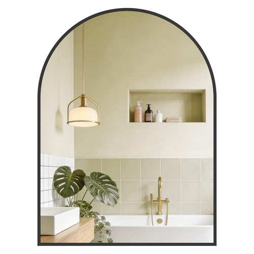 SONGMICS Espejo de Baño, Espejo de Pared, Arqueado, Marco de Aluminio, 81 x 61 cm, Lámina de Seguridad, Montaje Fácil, para Salón, Dormitorio, Negro Tinta LWM015BD01