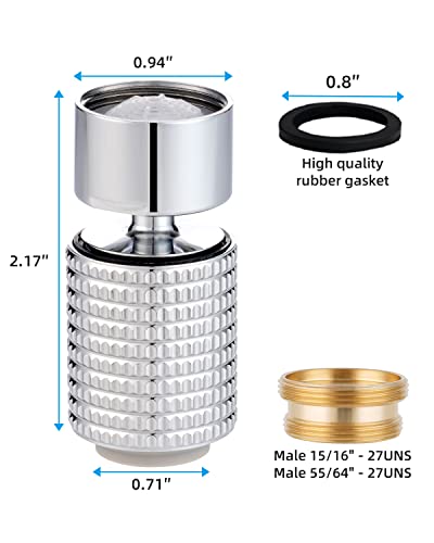 Hibbent Faucet Aerator, 360 Degree Swivel Kitchen Sink Faucet Aerator, Dual-Function Bathroom 2-Flow Sprayer Faucet Head, Faucet Replacement Part, 55/64 Inch-27Uns Female Thread-Chrome #TOP3