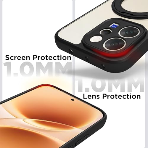 Image of RIGGEAR Shockproof Sleek Hybrid Armor 360 Rotating Magnetic Ring Stand Back Cover Case Compatible with MagSafe Accessories for Vivo V70 / V70 Elite 5G (Clear PC + Black TPU Bumper)
