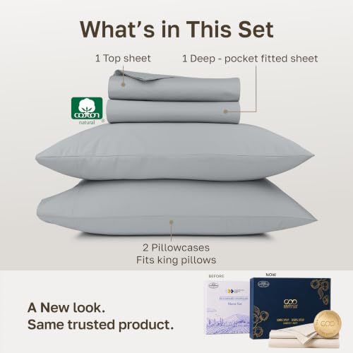 Image of California Design Den Luxury 1000 Thread Count King Size Sheets Set | Backed by Good Housekeeping Seal - 100% Cotton Sateen - Soft, Thick & Heavy, 16 inch Deep Pocket, All-Around Elastic, Light Grey