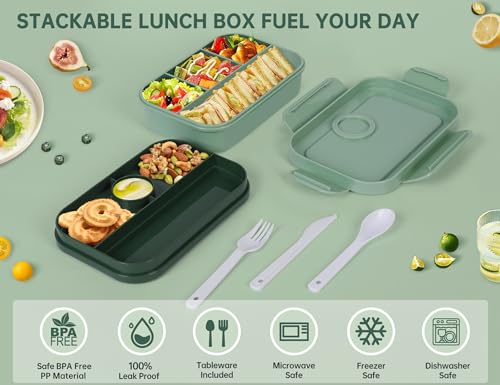 HappyRhino Bento Box Adult Lunch Box for Women - 2000ml Double Layer Leak-Proof, 4+4 Compartment, With Fork & Spoon, BPA Free, Microwave Dishwasher Safe (Green)