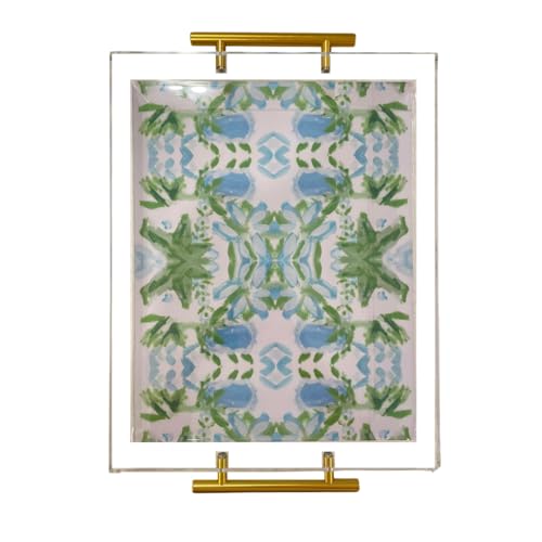 Acrylic Serving Tray with Gold Handles - 11'x14' Decorative Clear Tray, Green and Blue Watercolor...