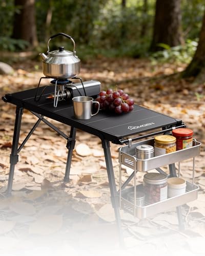 HOMGEN Mesa portátil de camping plegable ajustable altura 15-21.6 pulg, aluminio estable, mesa pequeña con barra lateral para colgar, 34.7 x 15 pulg superficie miniatura 2