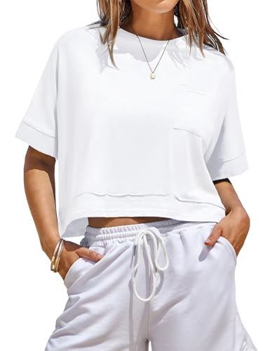 Fisoew Womens Oversized Crop Tops Workout Short Sleeve T Shirts Summer Casual Loose Fit Basic Tee Shirts with Pockets