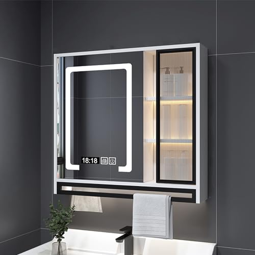 Armario de baño de aluminio con espejo antivaho, iluminación LED ajustable, estantes de almacenamiento, 70 x 75 x 12 cm, espejo cosmético perfecto para baños modernos