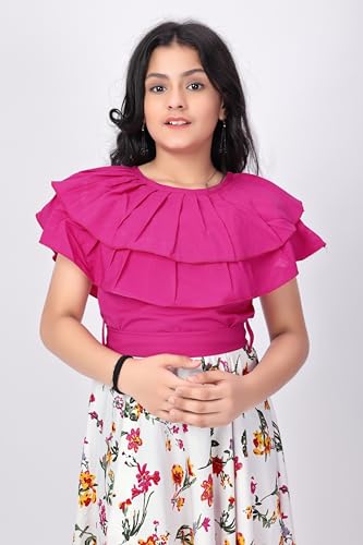 Image of Aarya Girl's Ruffle Neck Printed Midi Length Dresses
