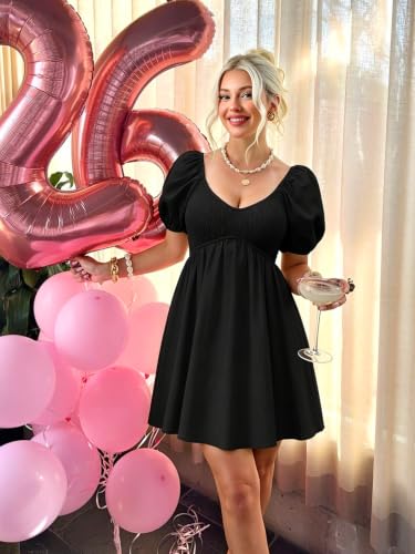 Image of Womens Babydoll Dress 2026 Summer Casual Puff Sleeve V Neck Cute Boho Smocked Flowy Short Sundress Beach Mini Dresses
