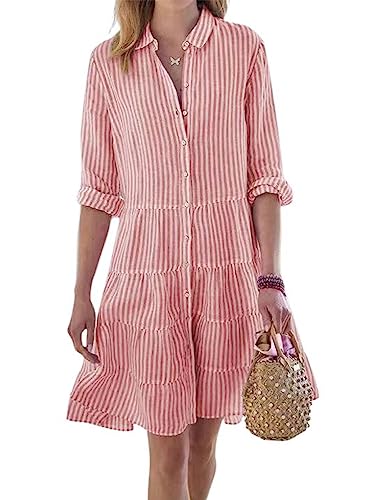Image of utcoco Womens Striped Button Down Midi Shirt Dress Casual Loose Cuffed Long Sleeve Mid Long Dresses