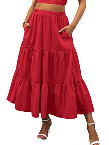 ANRABESS Women’s Summer Boho Flowy Swing Tiered A-Line Maxi Skirt 2025 Fashion Trendy Elastic Waist Pleated Long Beach Dress with Pockets Red Small