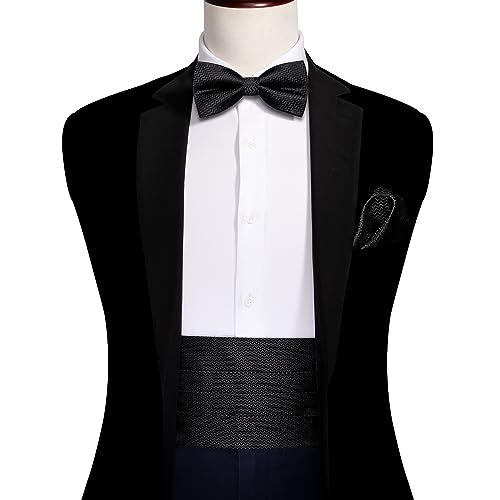 Image of Barry.Wang Men Silk Paisley Cummerbund and Pre-tied Bowtie Handkerchief Cufflink Set for Tuxedo