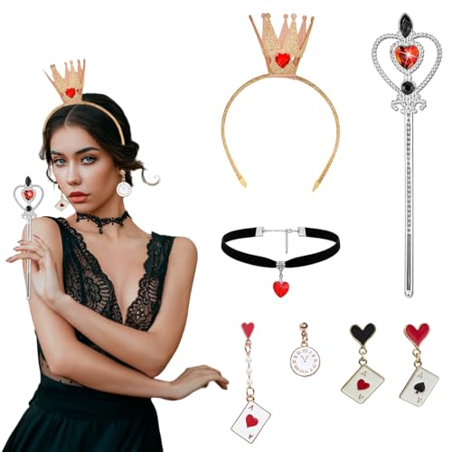FULHANY 7 Accessori Regina di Cuori Costume Donna Bambina,Cerchietto Corona Regina di Cuori Scettro Regina di Cuori Orecchini Collana Cuore Rosso Strass Viso,Accessori Costume Halloween Cosplay
