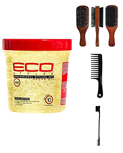 Eco Style Styling Gel, Argan Oil, 24 Ounce (Including Double Sided Edge Control Hair Brush, Detangling Wide Tooth Comb Set & 100% Boar 2-Sided Club Brush) Eco Styler Hair Gel Kit