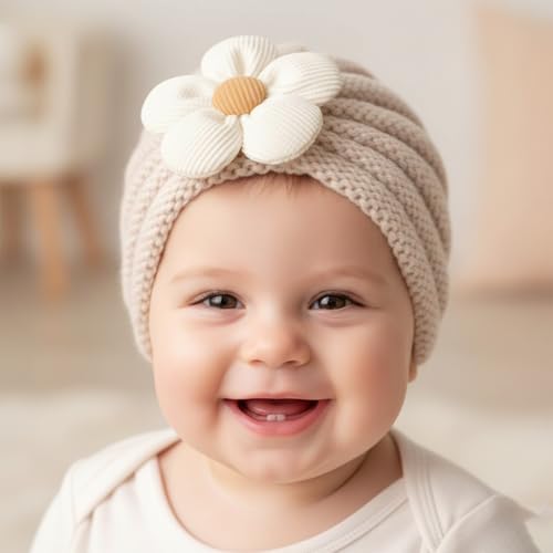 Image of SYGA Baby Cap Flower Wool Warm Knitted Streachable Hat Infant Toddler Baby Cap 0-3 Years