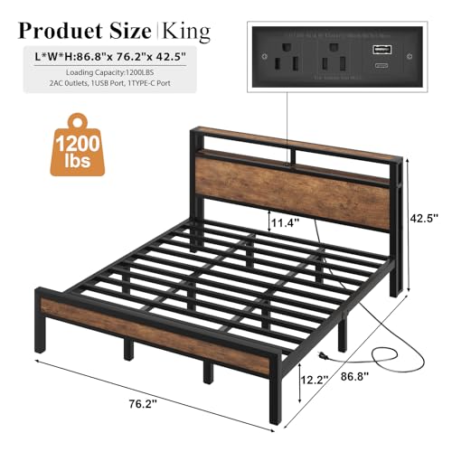 Image of LOEWAY King Size Platform Bed with 2-Tier Storage Headboard, Metal Bed Frame with Charging Station & LED Light, Heavy Duty Metal Slats, No Box Spring Need, Noise Free, Rustic Brown