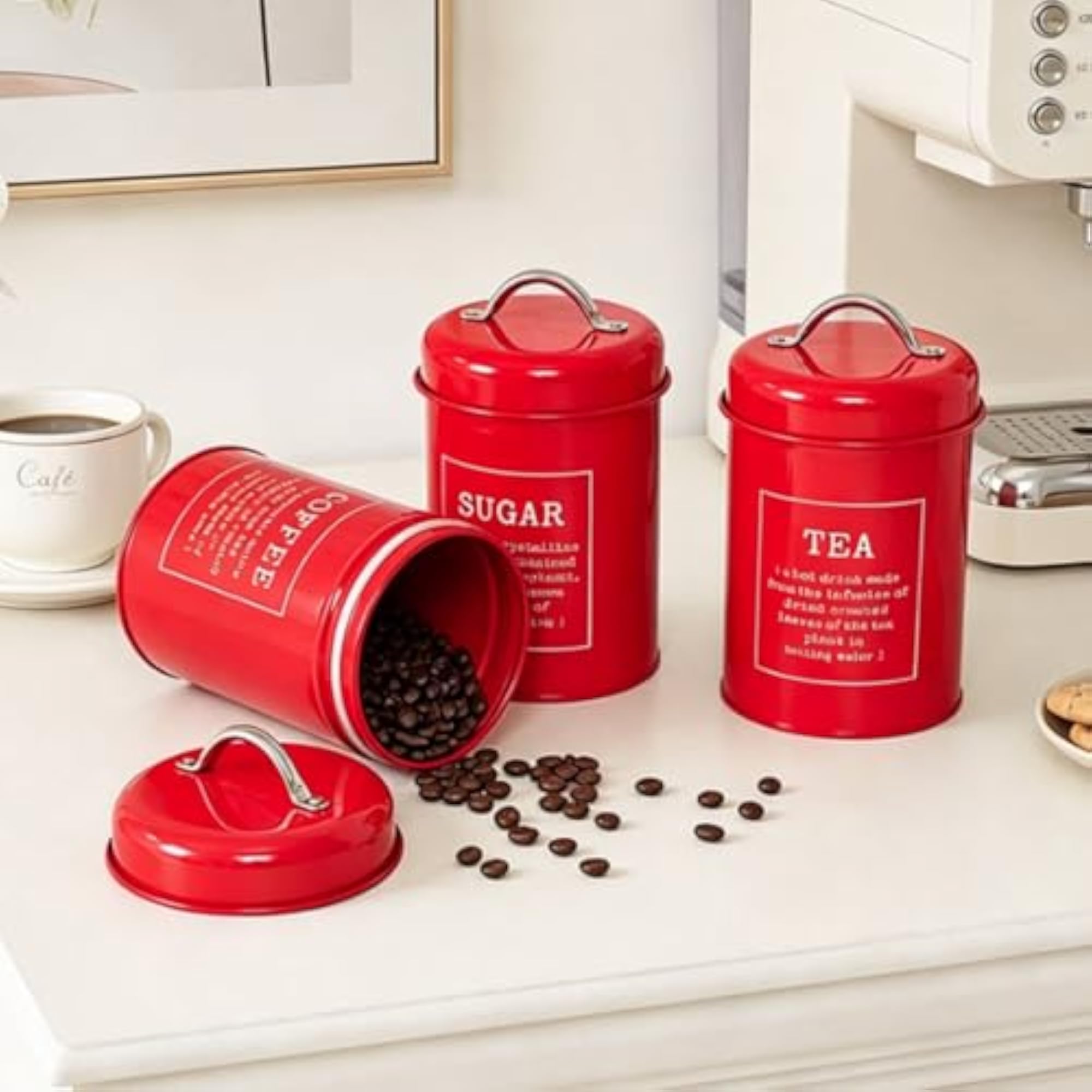 Arched Handles Kitchen Jar Set Printed 3-Pieces White Metal