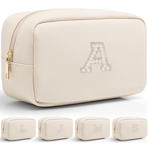 VLANDO Makeup Travel Bag with Pearl Monogram Patch,Beige A
