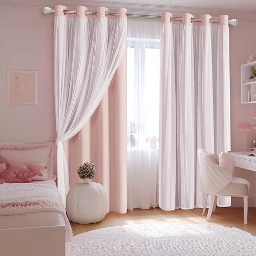 Image of DWCN Pink Blackout Curtains with Sheer Overlay with Tiebacks 96 Inch Long | Floor to Ceiling Double Layer Drapes for Living Room, Girls Bedroom, Nursery, Grommet Top, 52 inch Wx96 inch L, Rose Blush, 2PCS