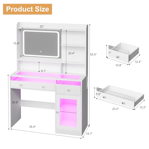 Image of Korfile 35'' Makeup Vanity Desk with Mirror and Lights, Power Outlet White | Transparent Top, 2 RGB Drawers, 3 Shelves & 1 Tempered Cabinet, 3-Color LED Lights, Power Outlet, Vanity with Glass Top