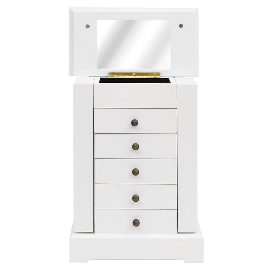 Szkatułka na biżuterię z lustrem z płyty MDF i szkła, 25 x 13,5 x 34 cm, 5 szuflad, 4 haczyki z każdej strony, do przechowywania biżuterii, stojaka na biżuterię i porządku w sypialni