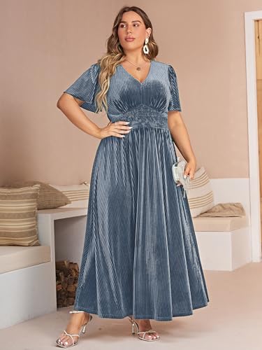 Image of Simplee Women's V Neck Velvet Maxi Dress Short Sleeve Empire Waist Long Formal Dress for Wedding Guest