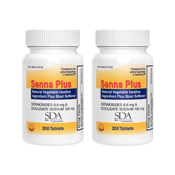 SDA LABORATORIESSenna Plus Sennosides 8.6mg and Docusate 100mg Tablets, Dual Action Natural Laxative and Stool Softener for Effective Digestive Support, 200 Count (2 Pack)