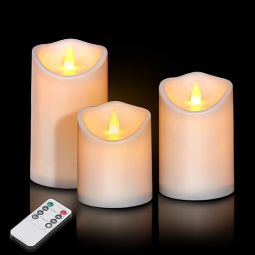 Image of Flameless Candles 4 inch 5 inch 6 inch Outdoor Indoor Pillars Battery Operated Flickering Candles with Cozy Climbing Flame Effect, 10-Key Remote Timer, 400+ Hours by 2 AA Batteries, White Plastic LED Candles