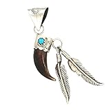 20 x 45 mm groß Anhänger Koyoten - Kralle, 2 Federn und Türkis 925er Sterling Silber Handarbeit Navajo Indianerschmuck