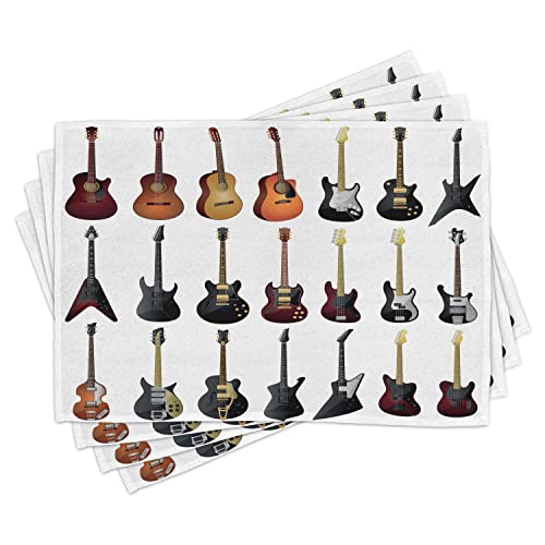 ABAKUHAUS Musik Platzmatten, Instrumente Muster Klassik und Bass Varieties of Guitars Rock und Jazz Music Theme, Tiscjdeco aus Farbfesten Stoff für das Esszimmer und Küch, Weißer Multikolor