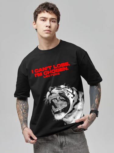Image of LEOTUDE Oversized Half Sleeve Cottonblend Graphic Print Round Neck Drop Shoulder Baggie Tshirt for Man (Color Black)