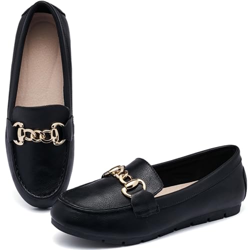 ABEJOJO Damen Loafer Schuhe, Bequeme Slip auf Casual Flat Mocassin Penny Schuhe zum Wandern, Fahren, Dressy (Black PU 39.5)