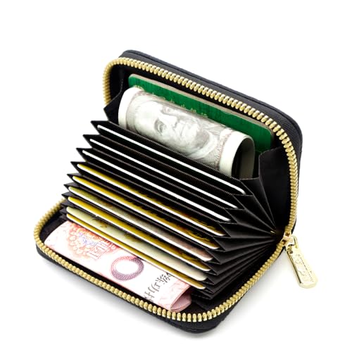 Small Genuine Leather Credit Card Holder for Women Zipper Wallet Classic Black (Black)3