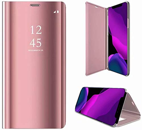 2ndSpring Coque pour Oppo Reno 2,Flip Miroir Coque Dur PC Plastique Housse Plating Case Transparente Standing View Cover Etui,Rose Or