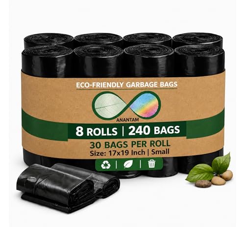 Image of Small Black Garbage Bags 17x19 Inch Trash Bags for Dry & Wet Waste, 240 Bags (8 Roll)